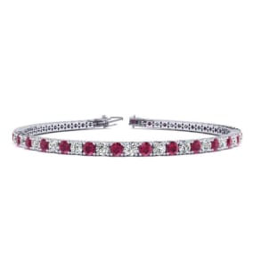 4 1/2 Carat Ruby And Diamond Tennis Bracelet In 14 Karat White Gold, 8 1/2 Inches