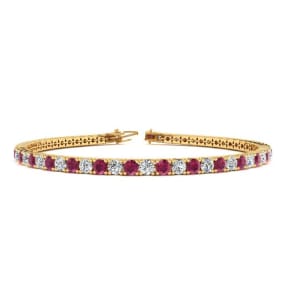 3 Carat Ruby And Diamond Tennis Bracelet In 14 Karat Yellow Gold, 6 Inches