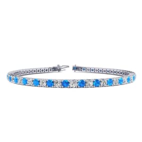2 3/4 Carat Blue Topaz And Diamond Tennis Bracelet In 14 Karat White Gold, 6 Inches