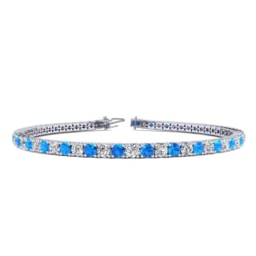 3 3/4 Carat Blue Topaz And Diamond Tennis Bracelet In 14 Karat White Gold, 8 Inches