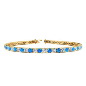 4 Carat Blue Topaz And Diamond Tennis Bracelet In 14 Karat Yellow Gold, 8 1/2 Inches
