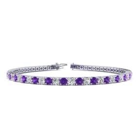 3 1/2 Carat Amethyst And Diamond Tennis Bracelet In 14 Karat White Gold, 8 Inches