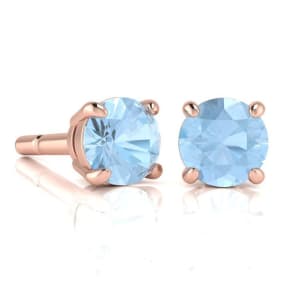 Aquamarine Earrings: Aquamarine Jewelry: 1 3/4 Carat Round Shape Aquamarine Stud Earrings In 14K Rose Gold Over Sterling Silver