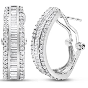 1 Carat Natural Baguette and Round Colorless Diamond Hoop Earrings In Sterling Silver. Amazing Looking For A Great Price!