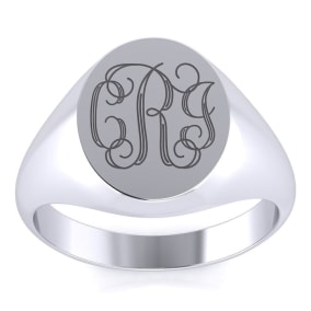 14K White Gold Mens Oval Signet Ring With Free Custom Engraving