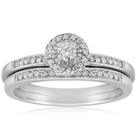 1/4ct Pave Diamond Bridal Set, Round Brilliant Center In Sterling Silver