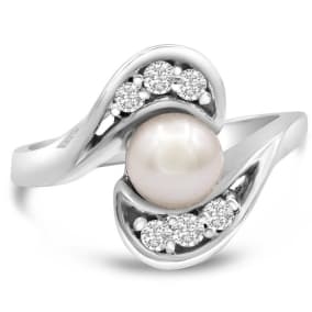 Round Freshwater Cultured Pearl and 1/5ct Diamond Ring In 14 Karat White Gold