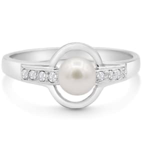 Round Freshwater Cultured Pearl and Diamond Accent Ring In 14 Karat White Gold