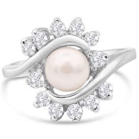 Round Freshwater Cultured Pearl and 1/2 Carat Halo Diamond Ring In 14 Karat White Gold