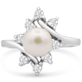 Round Freshwater Cultured Pearl and Halo Diamond Ring In 14 Karat White Gold
