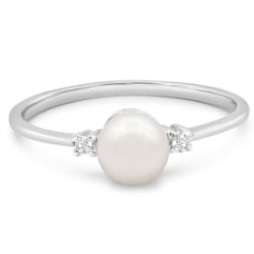 Round Freshwater Cultured Pearl and Diamond Accent Ring In 14 Karat White Gold, Great For Ring Finger Or Pinky!