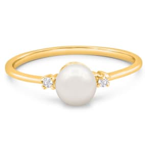 Round Freshwater Cultured Pearl and Diamond Accent Ring In 14 Karat Yellow Gold, Great For Ring Finger Or Pinky!