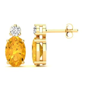 1 Carat Oval Citrine and Diamond Stud Earrings In 14 Karat Yellow Gold