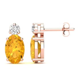 1 Carat Oval Citrine and Diamond Stud Earrings In 14 Karat Rose Gold