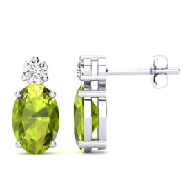 1 Carat Oval Peridot and Diamond Stud Earrings In 14 Karat White Gold