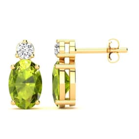 1 Carat Oval Peridot and Diamond Stud Earrings In 14 Karat Yellow Gold