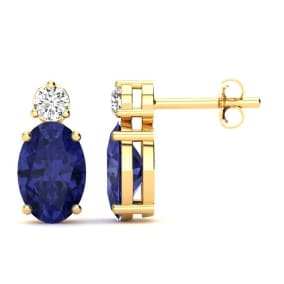 1 Carat Oval Tanzanite and Diamond Stud Earrings In 14 Karat Yellow Gold