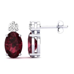 1 Carat Oval Garnet and Diamond Stud Earrings In 14 Karat White Gold