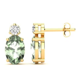 1 Carat Oval Green Amethyst and Diamond Stud Earrings In 14 Karat Yellow Gold