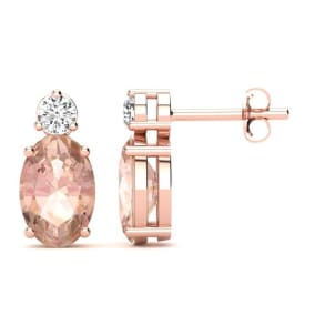 1 Carat Oval Shape Morganite Earrings with Diamond, Studs In 14 Karat Rose Gold