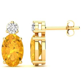 1 2/3 Carat Oval Citrine and Diamond Stud Earrings In 14 Karat Yellow Gold