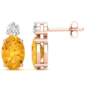 1 2/3 Carat Oval Citrine and Diamond Stud Earrings In 14 Karat Rose Gold