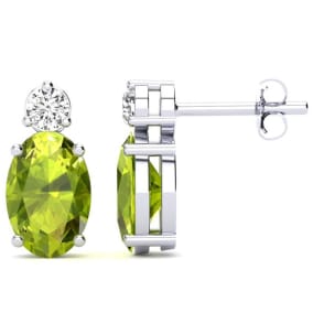 1 3/4 Carat Oval Peridot and Diamond Stud Earrings In 14 Karat White Gold