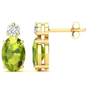 1 3/4 Carat Oval Peridot and Diamond Stud Earrings In 14 Karat Yellow Gold