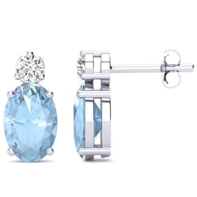 1 2/3 Carat Oval Aquamarine and Diamond Stud Earrings In 14 Karat White Gold