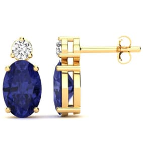 2 Carat Oval Tanzanite and Diamond Stud Earrings In 14 Karat Yellow Gold