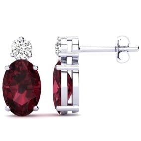 2 Carat Oval Garnet and Diamond Stud Earrings In 14 Karat White Gold