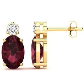 2 Carat Oval Garnet and Diamond Stud Earrings In 14 Karat Yellow Gold