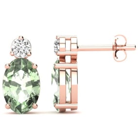 1 1/2 Carat Oval Green Amethyst and Diamond Stud Earrings In 14 Karat Rose Gold
