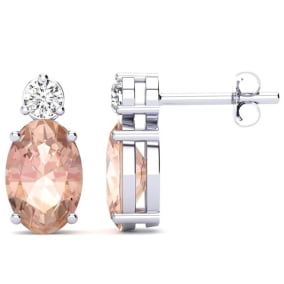 1-2/3 Carat Oval Shape Morganite Earrings with Diamond, Studs In 14 Karat White Gold