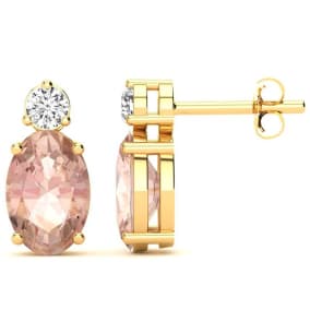 1-2/3 Carat Oval Shape Morganite Earrings with Diamond, Studs In 14 Karat Yellow Gold