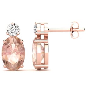 1-2/3 Carat Oval Shape Morganite Earrings with Diamond, Studs In 14 Karat Rose Gold