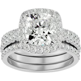 4 1/2 Carat Cushion Cut Halo Diamond Bridal Set in 14 Karat White Gold