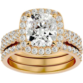 4 1/2 Carat Cushion Cut Halo Diamond Bridal Set in 14 Karat Yellow Gold