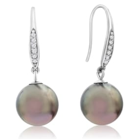 Pearl Drop Earrings With 9-9.5MM AAA Cultured Black Tahitian Pearls and Crystals In 18 Karat White Gold