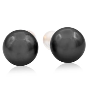 Pearl Stud Earrings With 9.5-10MM AAA Cultured Black Tahitian Pearls In 14 Karat Yellow Gold