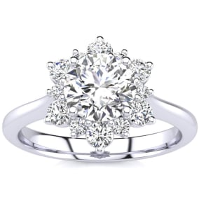 1 Carat Natural Floral Halo Diamond Engagement Ring in 14k White Gold (H-I, SI2-I1)