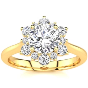 1 Carat Natural Floral Halo Diamond Engagement Ring in 14k Yellow Gold.  Fantastic Deal For A Beautiful On-Trend Ring!