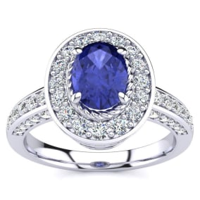 1 1/2 Carat Oval Shape Tanzanite and Halo Diamond Ring In 14 Karat White Gold
