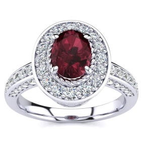 1 2/3 Carat Oval Shape Garnet and Halo Diamond Ring In 14 Karat White Gold