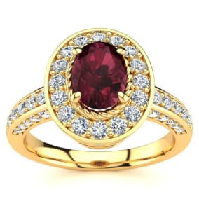 1 2/3 Carat Oval Shape Garnet and Halo Diamond Ring In 14 Karat Yellow Gold