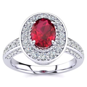 1 1/2 Carat Oval Shape Ruby and Halo Diamond Ring In 14 Karat White Gold