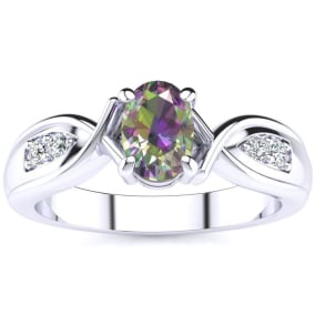 3/4 Carat Oval Shape Mystic Topaz Ring With Four Diamonds In 10 Karat White Gold