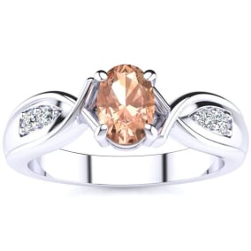 1 Carat Oval Shape Morganite and Four Diamond Ring In 10 Karat White Gold