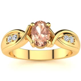 1 Carat Oval Shape Morganite and Four Diamond Ring In 10 Karat Yellow Gold