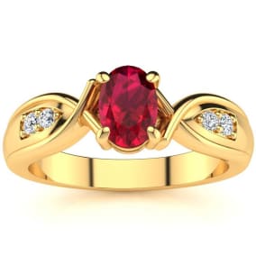 1 Carat Oval Shape Ruby and Four Diamond Ring In 10 Karat Yellow Gold